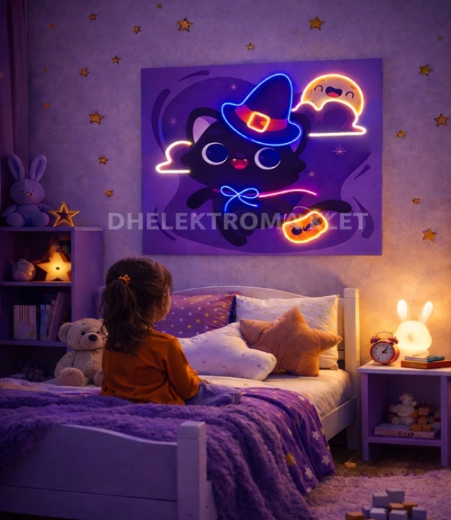 Neon Işıklı Cadı Kedi Dekoratif Duvar Tablosu 62x62 cm