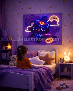 Neon Işıklı Cadı Kedi Dekoratif Duvar Tablosu 62x62 cm