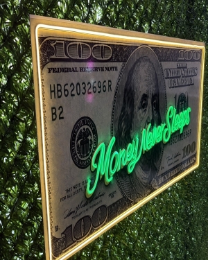 Dolar Işıklı Neon Tablo - Money Never Sleeps 114x53 cm