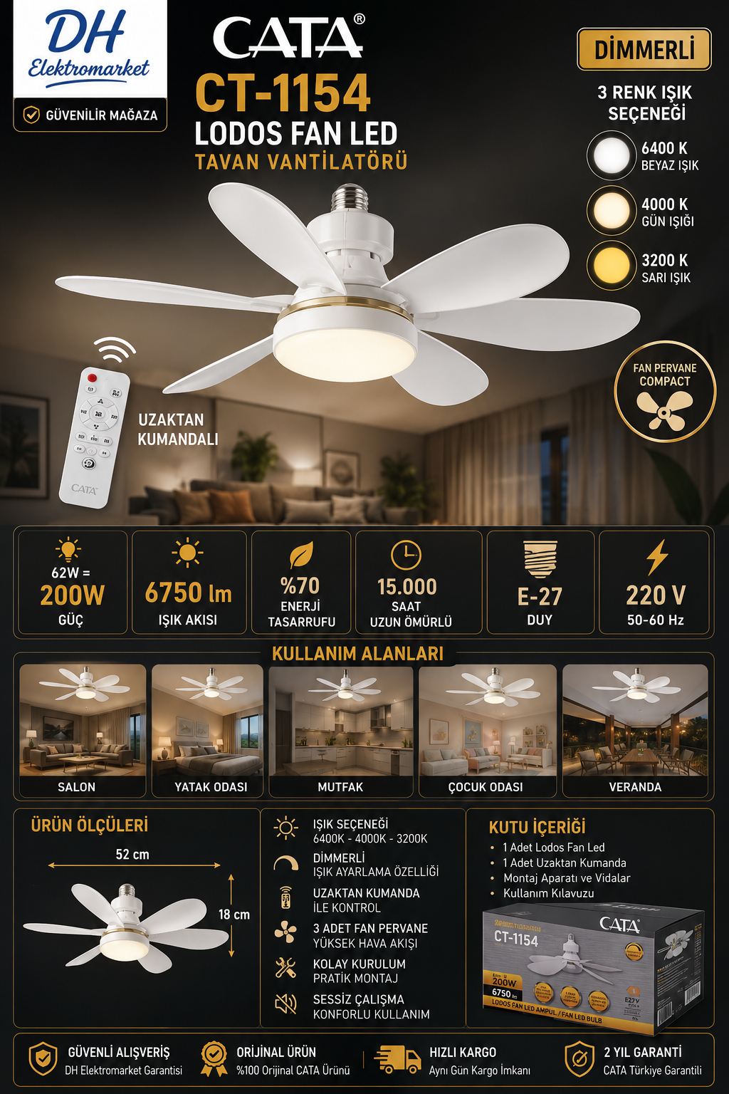 CATA CT-1154 Lodos Fan LED Ampul 62W 200W Kumandalı Dimmerli E27 3 Renk 6750 Lümen