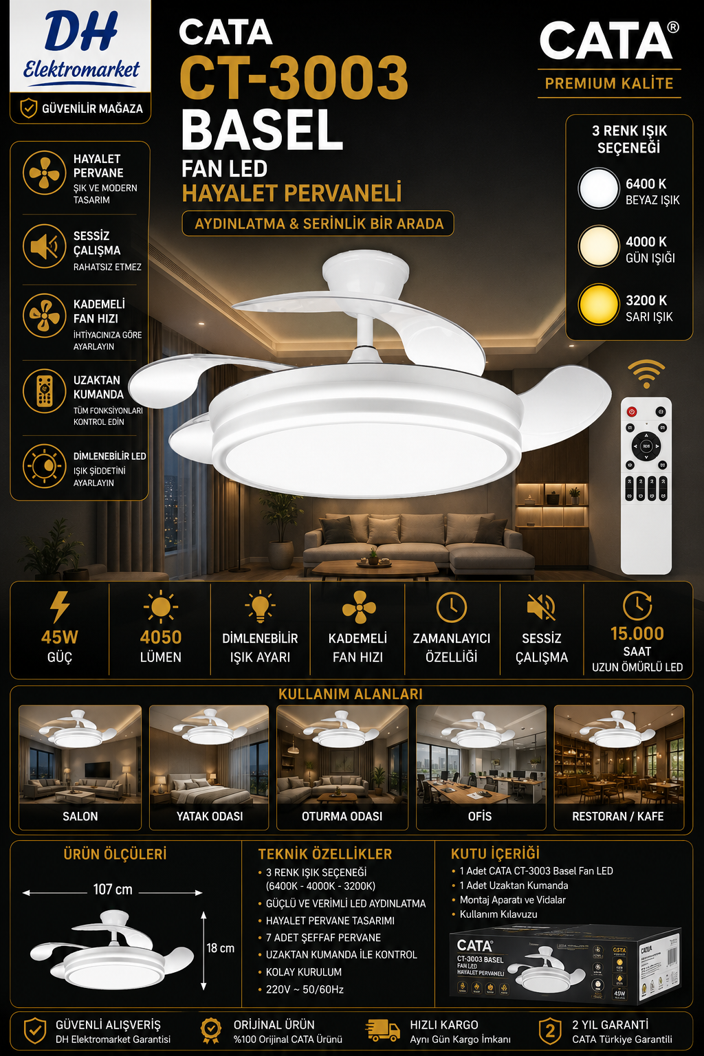 CATA CT-3003 Basel Fan LED Tavan Armatürü Kumandalı Hayalet Pervaneli 3 Renk LED
