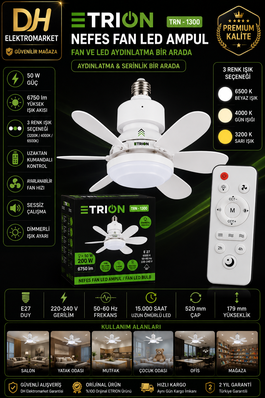 ETRION TRN-1300 Nefes Fan LED Ampul 50W Kumandalı Dimmerli E27 3 Renk 6750 Lümen