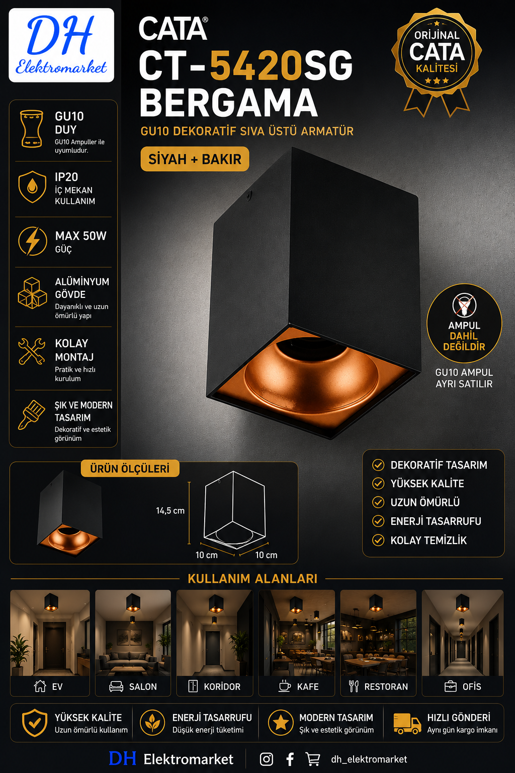CATA CT-5420SG BERGAMA GU10 Dekoratif Sıva Üstü Armatür (Siyah + Bakır)