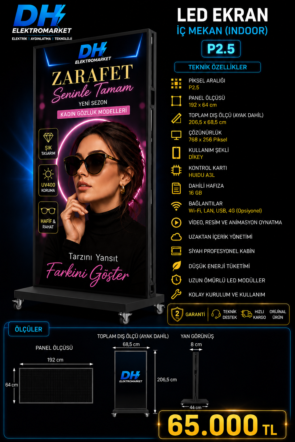DH Elektromarket P2.5 İç Mekan LED Reklam Ekranı 192×64 cm | 768×256 Piksel | Wi-Fi Kontrollü | Tekerlekli