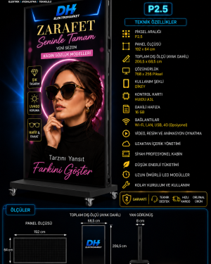 DH Elektromarket P2.5 İç Mekan LED Reklam Ekranı 192×64 cm | 768×256 Piksel | Wi-Fi Kontrollü | Tekerlekli