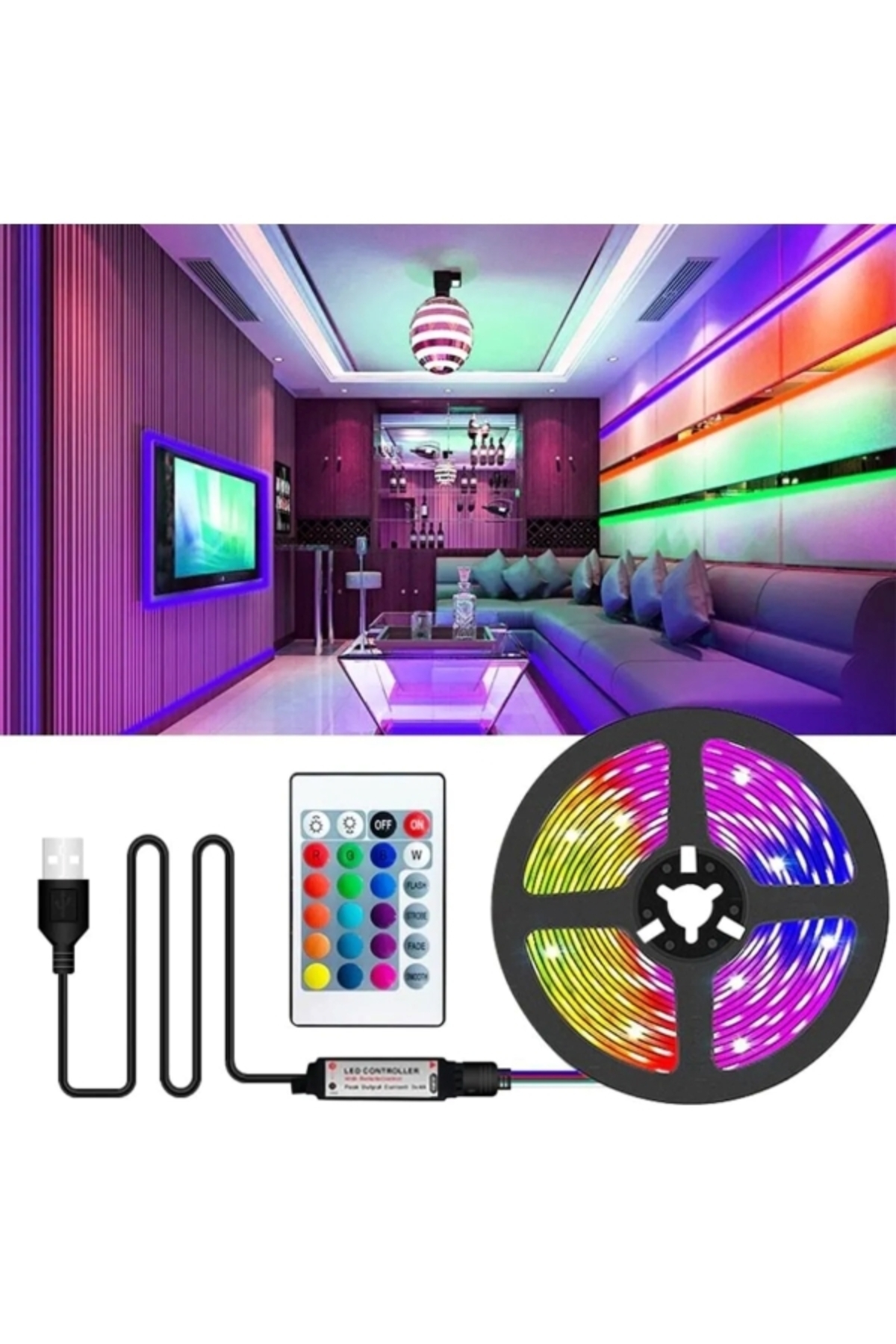 V/PC Arkası USB'li Kumandalı 3 Metre RGB Şerid Led