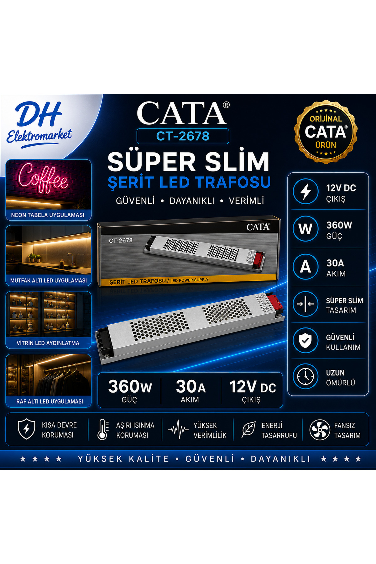 CATA CT-2678 Süper Slim Şerit LED Trafosu 360W 30A 12V DC
