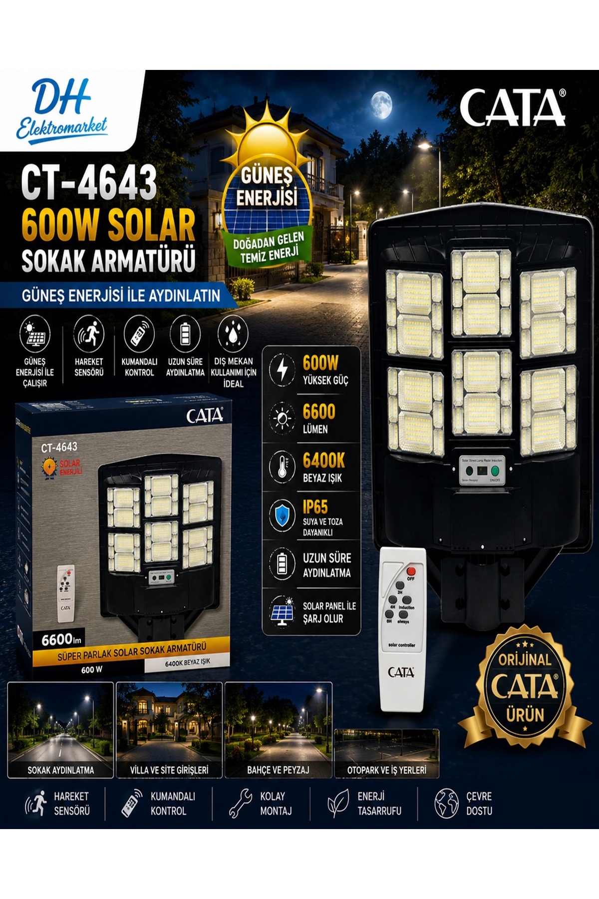 CATA CT-4643 Solar Sokak Armatürü 600W Kumandalı Sensörlü IP65